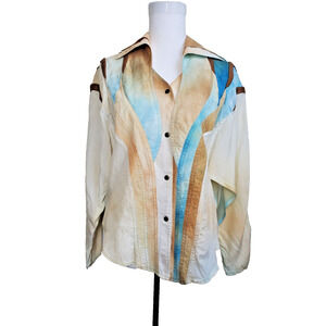 CACHE Vintage 80's Womens Top Collared Leather Accents Snap Front Rayon USA Made